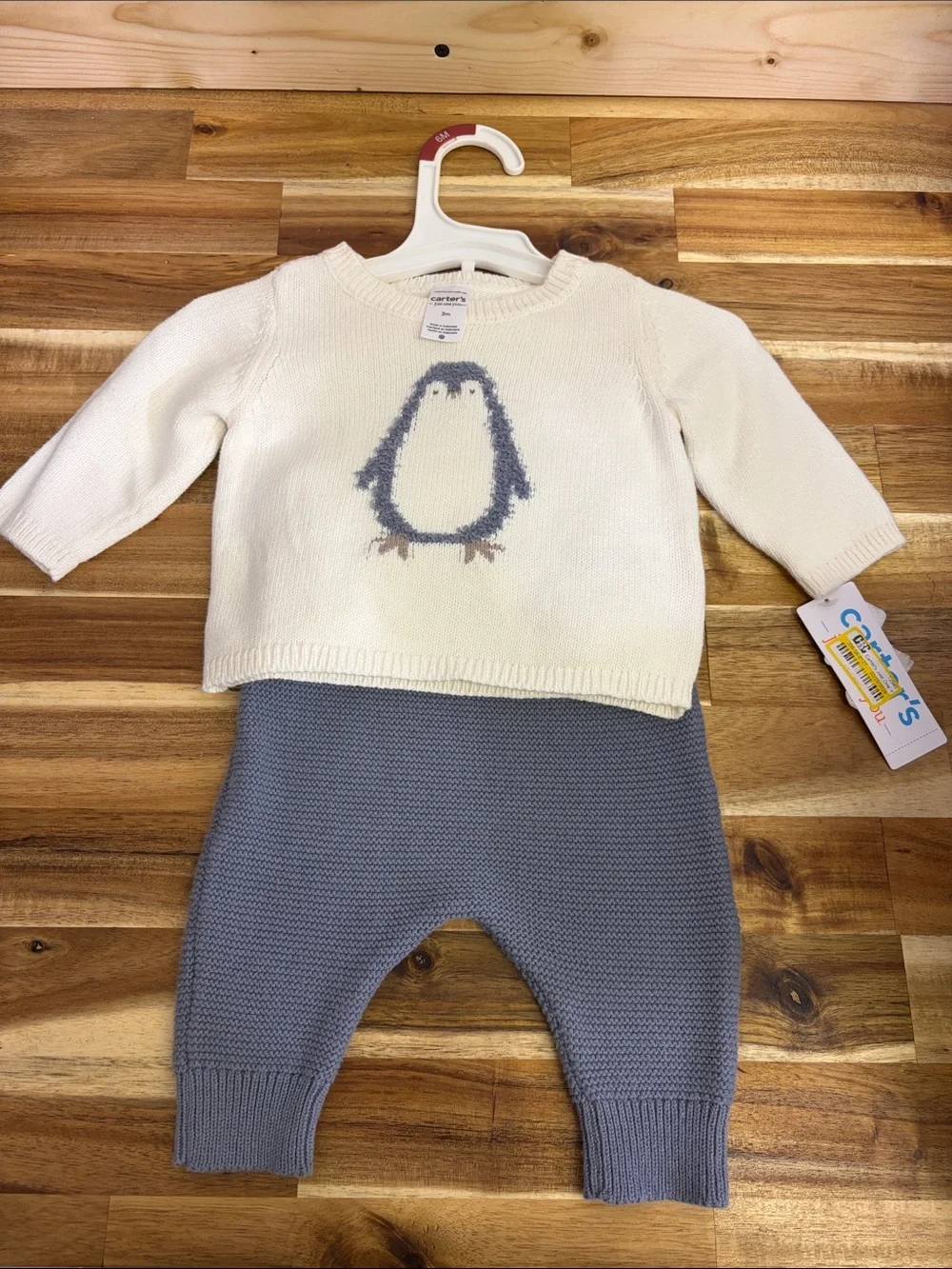 Carter's Cream Sweater and Gray Knit Pants Set with Penguin